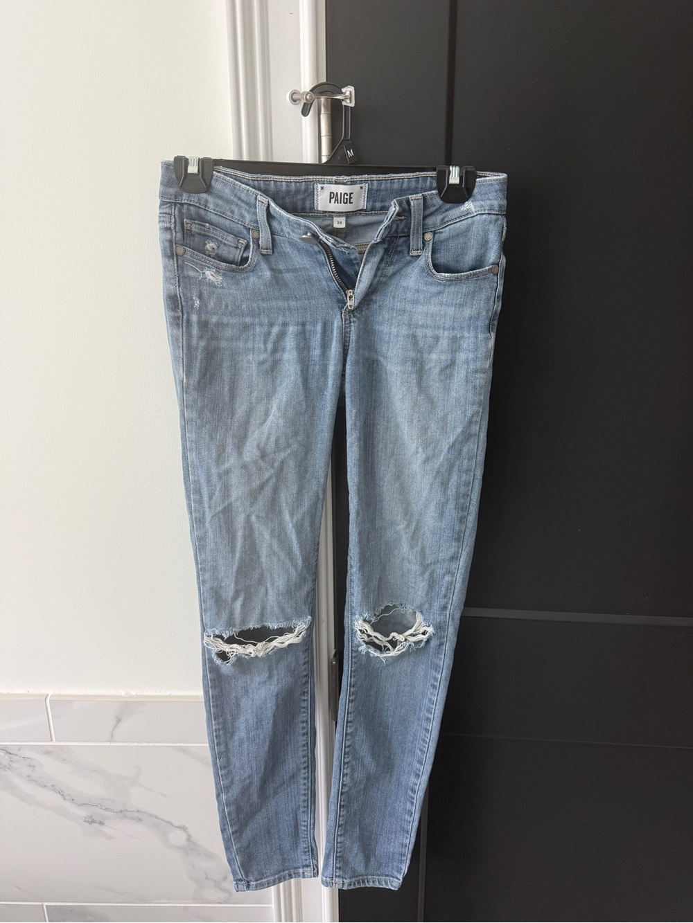 PAIGE Light Wash Skinny Jeans with Knee Rips